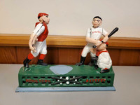 Vintage Cast Iron Mechanical Bank Baseball Hometown Battery Pitc