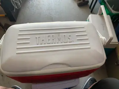 Cooler, Thermos, Red with White Lid 21”W x 14”H x 10”D, View more