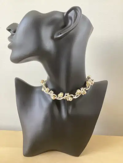 Vintage LISNER Silver Metal Pearl Rhinestone Choker Necklace, View more