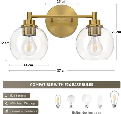 Elegant VONLUCE 2-Light Vanity Fixture with Gold & Glass Shades, View more