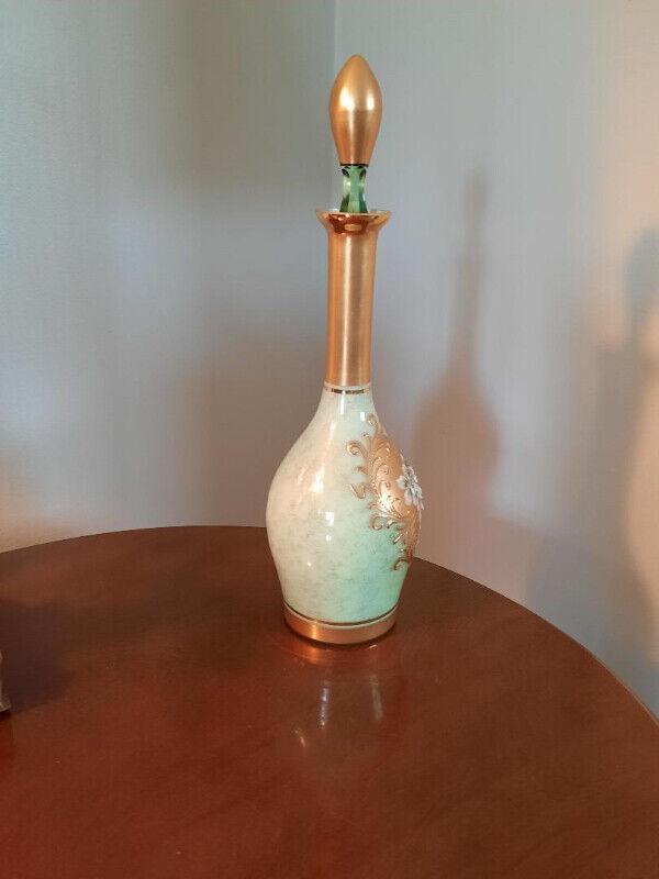 Bohemian Glass Gold /Green Hand Painted Enamel Flowers Decanter in Other in City of Toronto - Image 4