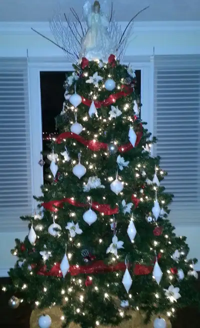 7 foot tree. very full. Pre-lit. Picture shows when it was decorated last year. Comes with large zip...