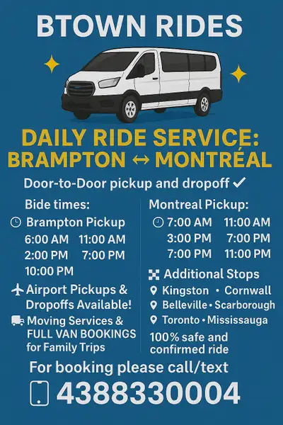 ✨ DAILY RIDE SERVICE: BRAMPTON ↔️ MONTREAL ✨ Door-to-Door pickup and dropoff✅✅ Ride times: Brampton...