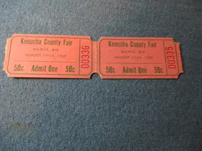 KENOSHA COUNTY FAIR-8/11/1955-2 UNUSED TICKETS-WILMOT, WISCONSIN, View more