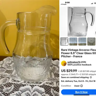 Vintage 1960’s pitcher Open Handle Ice Lip Textured Design, View more