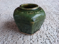 Vintage Chinese Green 6 Sided Ginger Jar Pottery