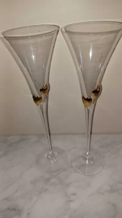 12"T Set of 2 Vtg Bohemia Crystal Champagne Flutes Applied Gold , View more