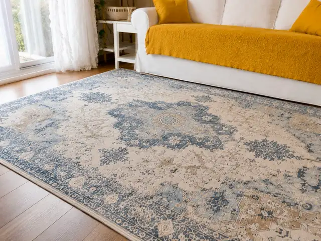 Antique Wash Medallion Area Rug in Ivory, Navy, and Sand in Rugs, Carpets & Runners in Ottawa - Image 4