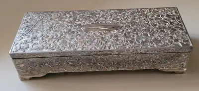 Vintage 1960's Ornate Rectangular Silver Metal Jewelry Box, View more