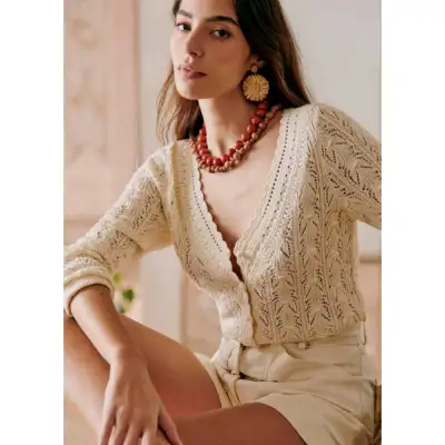 Sezane Saja Crochet Knit V-Neck Cardigan in Cream, View more