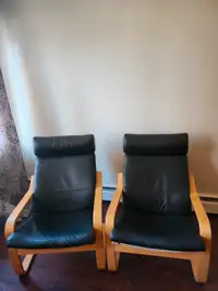 Ikea Poang chairs, black leather