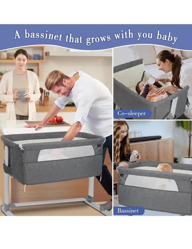 3 in 1 Baby Bassinet Bedside Sleeper, Bedside Crib with 6 Adjust in Cribs in Hamilton - Image 6