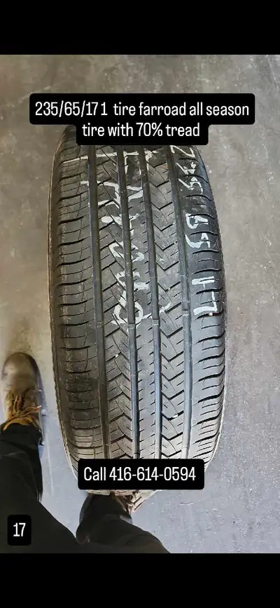 This is a used 235/65/17 Farroad all-season tire with approximately 70% tread remaining, perfect for...