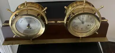 Vintage SETH THOMAS Brass Helmsman Ships Wheel Clock & Barometer, View more