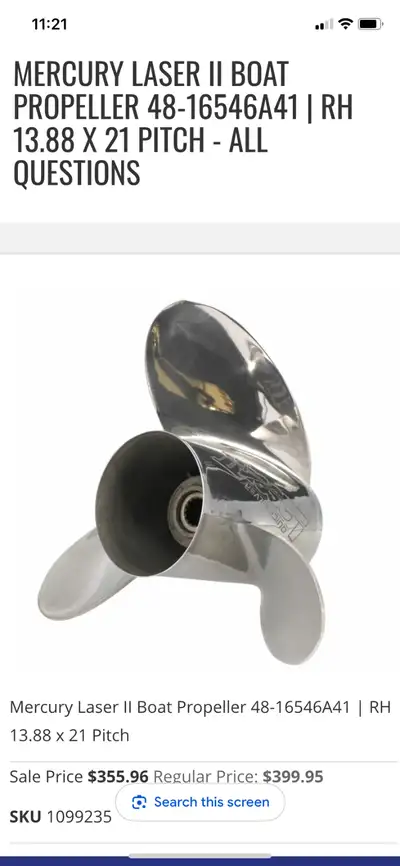 MERCURY STAINLESS STEEL PROP 15 SPLINE SHAFT 13.8 x 21 PITCH GREAT CONDITION PRICE : 250.00 PICK UP...