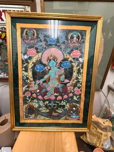 Antique Gilt Framed Hand Painted Tibetan Buddhist Green Tara Tha, View more
