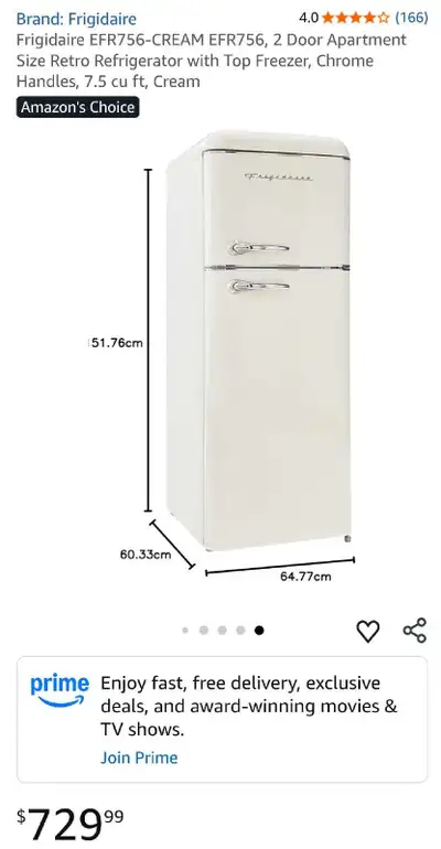 RETRO CREAM FRIGIDAIRE 7.5 CU FT TOP MOUNT REFRIGERTOR , View more