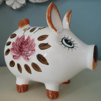 Vintage hand painted ceramic piggy bank leaves & lotus flowers