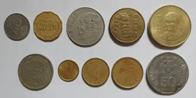 Set of 11 old, vintage coins from Mexico, Portugal and Spain dating from 1965 to 1993. Condition of...