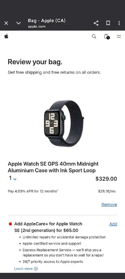 Apple Watch SE 40mm Midnight Aluminium Case with Ink Sport Loop, View more