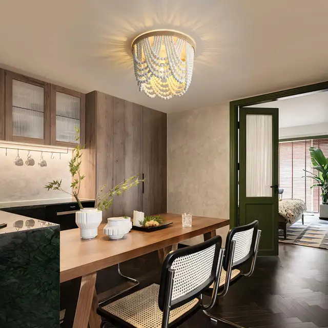 White Boho 3-Light Bead Chandelier - Wood Beaded Ceiling Fixture in Indoor Lighting & Fans in Mississauga / Peel Region - Image 3