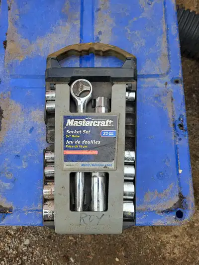 Mastercraft 3,/8" Socket Set. 2 spark plug sockets and various other sockets in metric and standard...