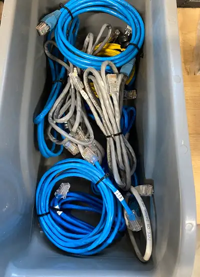Ethernet Cables.. Box of assorted (12) x Cat 5 & 6, lengths 1' -6'. Lot priced $25. * Custom lengths...