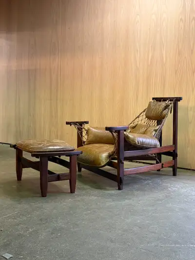 1960s Brazilian Rosewood and Leather Jangada Chair and Ottoman, View more