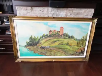 Antique Large almost 6 Feet Long Gold Wood Framed Original Real Oil Painting depicting an early cent...