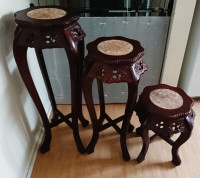Vintage Chinese Carved Wood Plant Stands with Marble Top