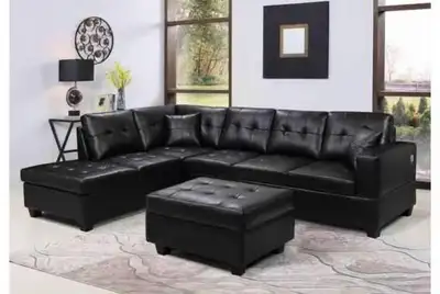Black Faux Leather Sectional Sofa with Ottoman, View more