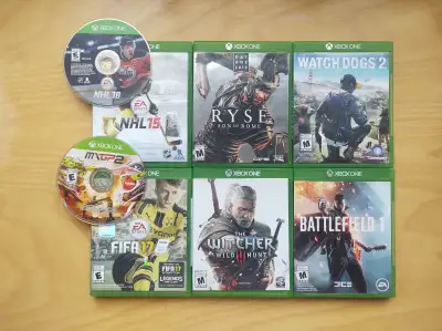 Xbox 1 games/ jeux: NHL 18 (disc only)- $2 NHL 15- $5 FIFA 17- $5 Battlefield 1- $5 Watch Dogs 2- $5...