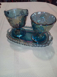 Beautiful 3 Piece 1970's Blue Carnival Glass Creamer, Sugar Dish