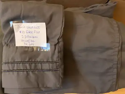 Twin sheets + 1 pillow cases $10, microfibre flat & fitted grey, View more