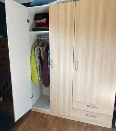 Kullen Wardrobe Modern Oak Finish Closet for hanging clothes, Shelves for storage, 2 drawers Size: 1...