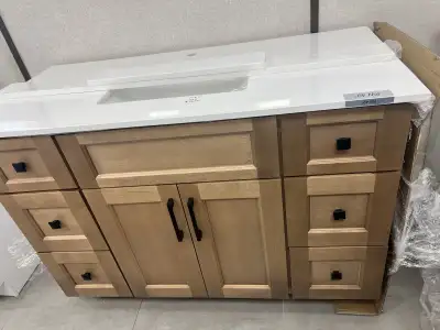 Brand new 48” Solid Oak Vanity with dovetail, soft-closing drawers, soft-close doors, and a gorgeous...