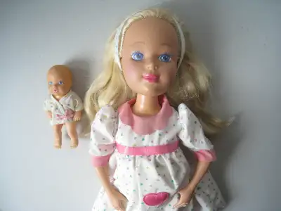 Pregnant 18" Doll with 2 dresses and a baby. Very good, original, condition, though the top gown cou...