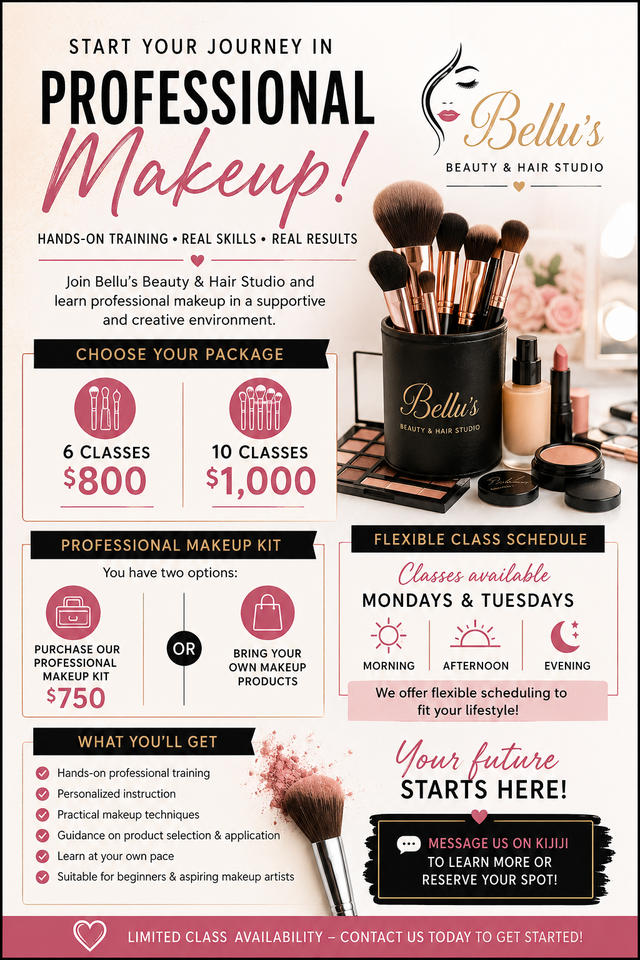 PROFESSIONAL MAKEUP CLASSES – BELLU’S BEAUTY & HAIR STUDIO