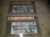 2 1986 5$ bill graded 58-64 in sequential order   110$ for both