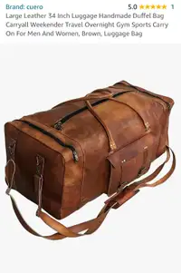 XL Brown Leather Luggage Duffel Overnight Bag, 32"- Brand New
