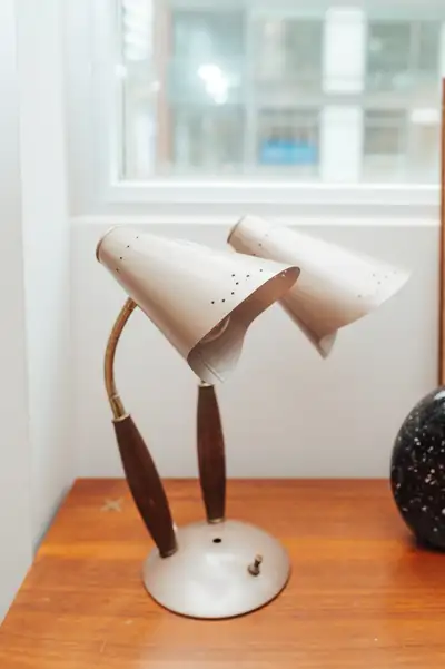 Vintage Mid-Century Double Gooseneck Table Lamp — Wood + Metal, View more