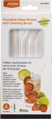 NEW Luciano Sip 4 Reusable Glass Straw with Cleaning Brush -