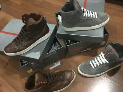 prada avenue hightop sneakers cool grey and cappuccino, View more