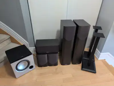 HOME THEATER BUNDLE: Yamaha AVR + Mission M3 + Sub + Stands, View more
