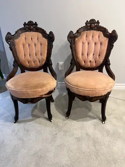 These two chairs have been in my family for over 100 years. The upholstery is not in good condition....