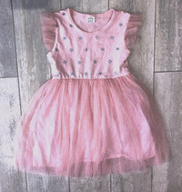 DXTON Pink Dresses 5-6 Y, Fly Sleeve Stars Print Mesh  Skirt
