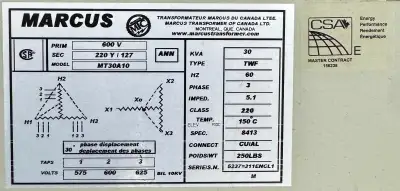Marcus 30 kVA 3-Phase Isolation Transformer Model: MT30A10 Primary Voltage: 600V Secondary Voltage:...