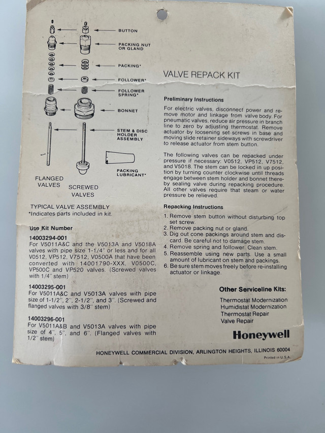 Honeywell valve repair kit:  $35.00 dans Ventes de garage  à Ville de Québec - Image 2