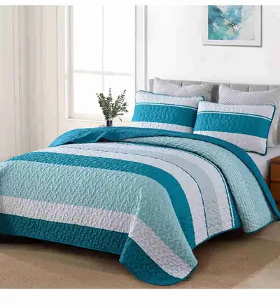 New-Teal Blue Striped Quilt Set, View more
