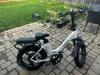 "TESGO Folding Fat Tire E-Bike. White, excellent condition. Top Speed: 50 km/h Range: 51 km (removab...
